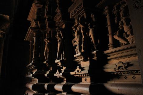 The exteriors of the inner Sanctum as seen from the Pradakshina path, the black stone gleaming beautifully in the filtered sunlight