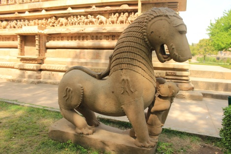 The Mighty fighting Lion , an emblem of the Chandella Dynasty  at the entrance of the Lakshamana temple
